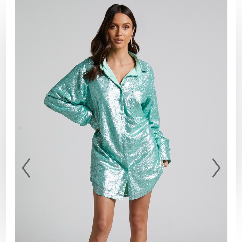SHOWPO CALLY MINI DRESS - OVERSIZED SHIRT DRESS IN AQUA SEQUIN